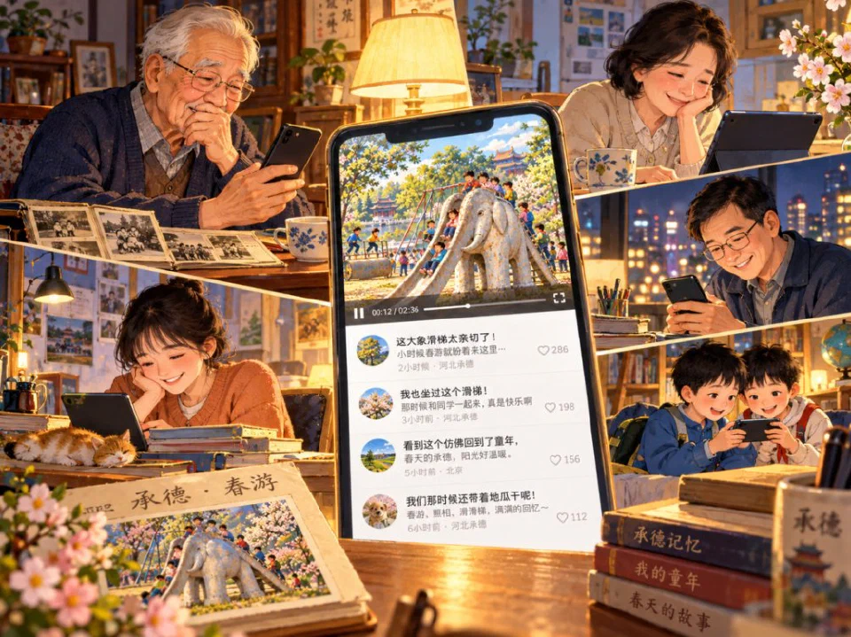 People of different ages remembering childhood through a screen